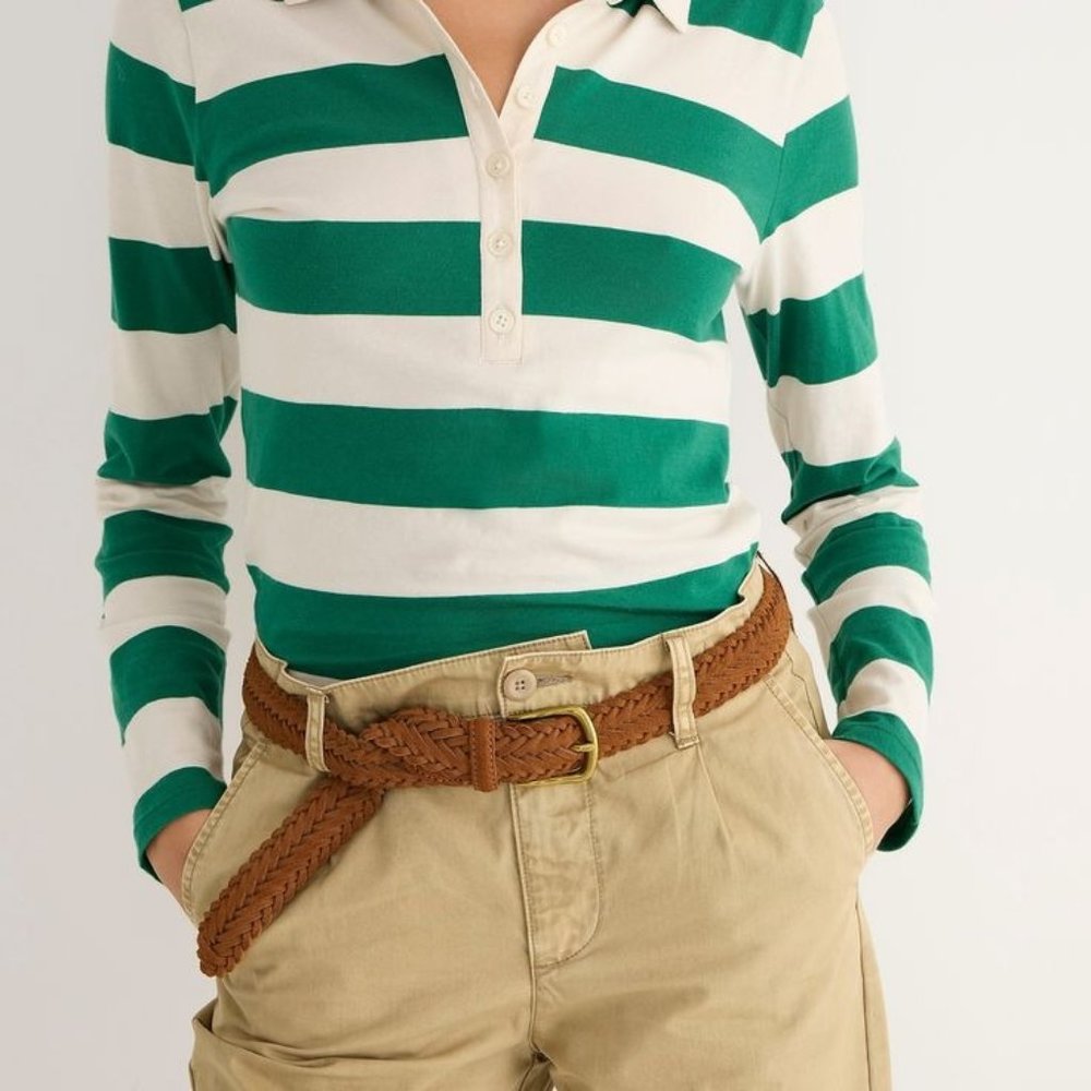 J. Crew Green and White Striped Rugby Polo